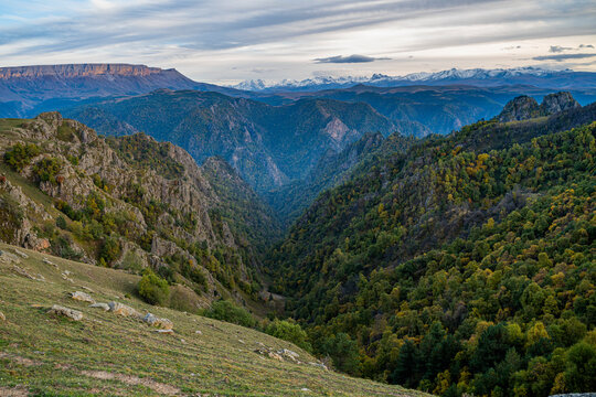 Mountain landscape of Kabardino-Balkaria in the Caucasus region of Russia during sunset hours