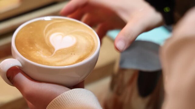 Latte art being created in a coffee cup