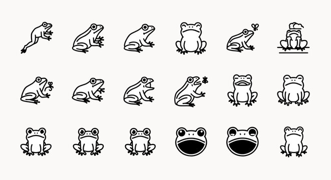 Collection of cute frog icons in various poses and expressions, simple line art illustration style