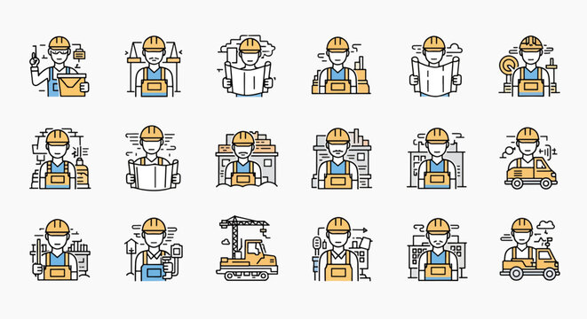 Collection of Construction Worker Icons with Helmets, Blueprints, Tools, and Vehicles representing different building professions