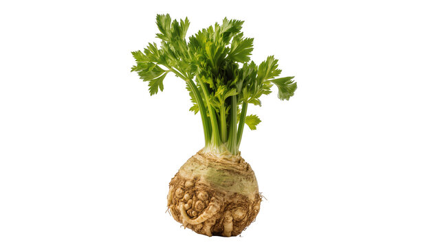 Whole celeriac root with green leafy tops, isolated on transparent background