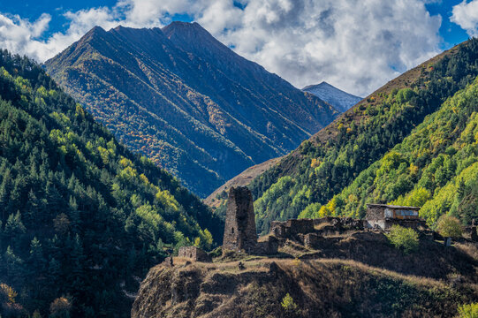 Old watch tower stands on the border of South Ossetia in the Caucasus mountains of North Ossetia, Russia