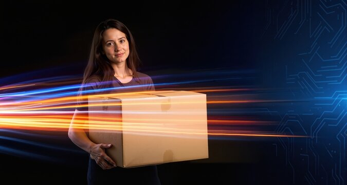 Woman holding a cardboard box. Dynamic motion light trails with motion blur effect on dark background. Futuristic, technology pattern for banner or poster design.
