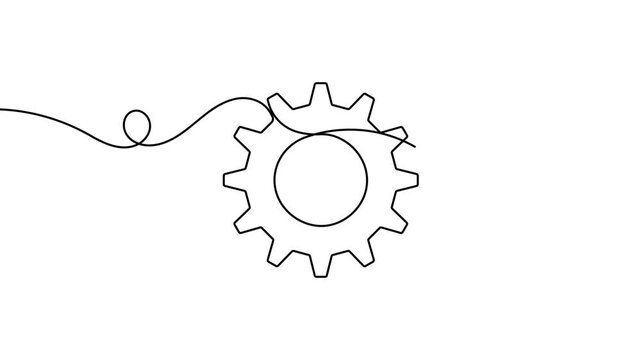 Modern engineering cog gear wheel icon sign continuous one line drawing single art on white background minimal technology management symbol 4k animation video
