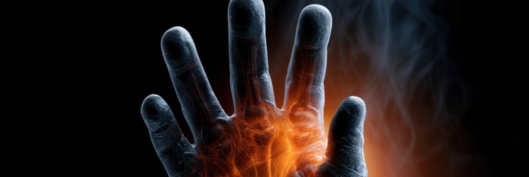 Close view of a fetal hand at 16 weeks showing tiny fingers and internal bone structure with a warm amber light. Dark background adds focus.