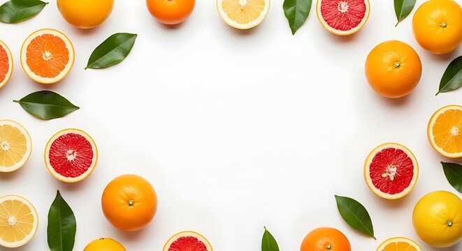 Citrus Fruit Border with Oranges Lemons and Grapefruits on White Background