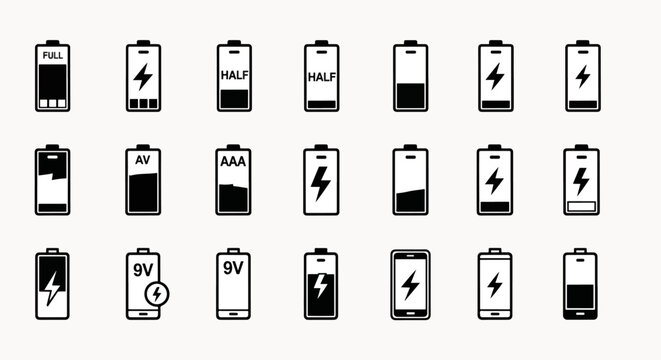 Collection of battery icons illustrating various charge levels, types, and states of power in a clean, modern vector art style