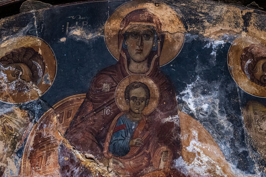 Wall paintings of Mary and child in Tiri monastery in South Ossetia, Russia show religious art and history