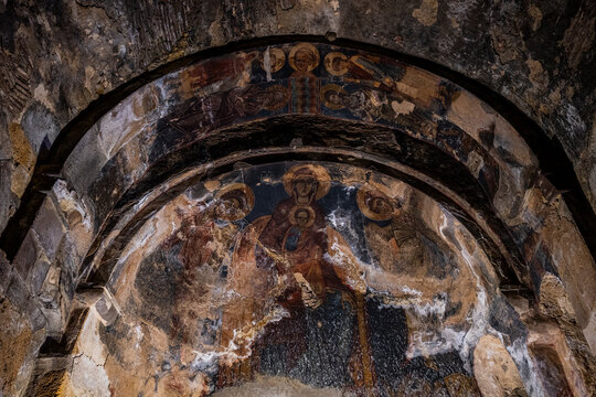 Wall paintings depict religious figures in Tiri monastery in South Ossetia, Russia
