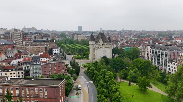 Aerial Drone Approach to Porte de Hal Medieval City Gate in Brussels Belgium