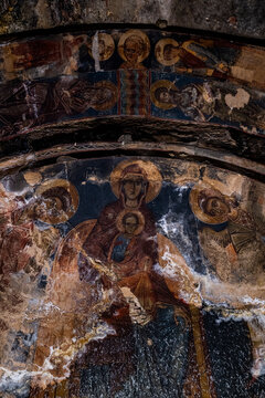Wall paintings depicting religious scenes in Tiri monastery located in South Ossetia, showcasing cultural heritage and artistry