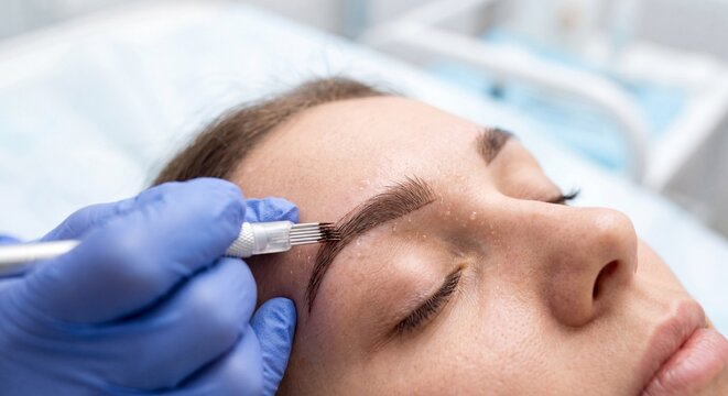 Woman undergoing eyebrow microblading treatment in clinical cosmetic setting