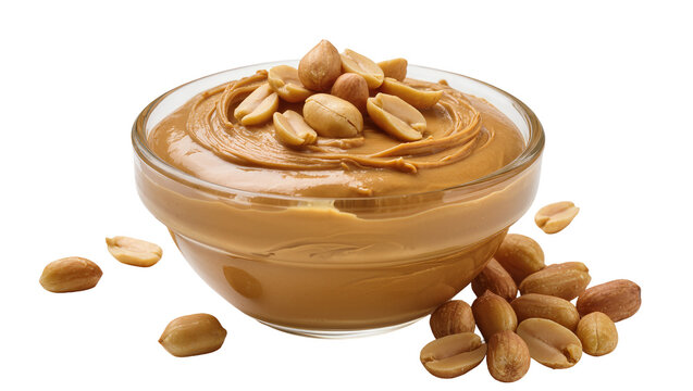 Creamy peanut butter in glass bowl with whole peanuts, isolated on transparent background
