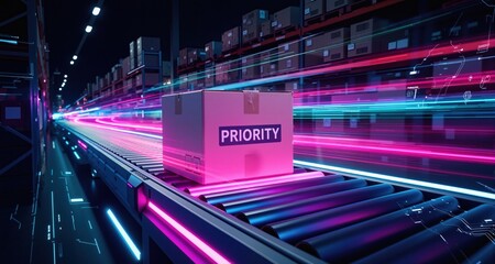 Fototapeta premium Neon-lit priority package on futuristic conveyor belt in vibrant warehouse setting. Dynamic motion light trails with motion blur effect on dark background. Futuristic, technology pattern for banner or