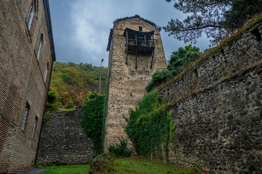 Old watchtower at the residence of the Ksani rulers in Leningor during cloudy weather in South Ossetia, Russia