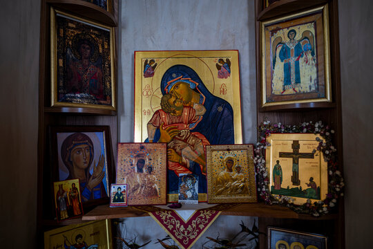 Devotional items on display at the Orthodox Ikoti Monastery in South Ossetia, Russia
