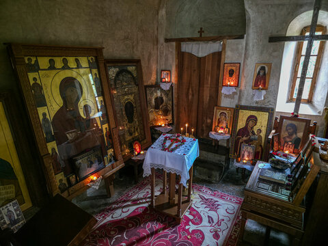 Crafts and religious rituals in Orthodox Ikoti Monastery with devotional items in South Ossetia