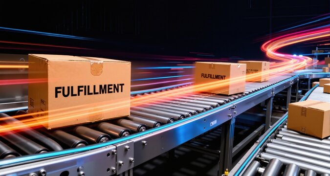 Cardboard boxes with FULFILLMENT text move on industrial roller conveyors. Online store logistics. Dynamic motion light trails with motion blur effect on dark background. Futuristic, technology patter
