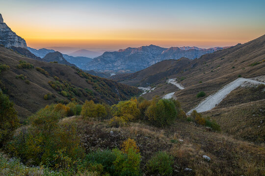 Remote mountain scenery in Chechnya offers a view of the Caucasus at sunset in Russia