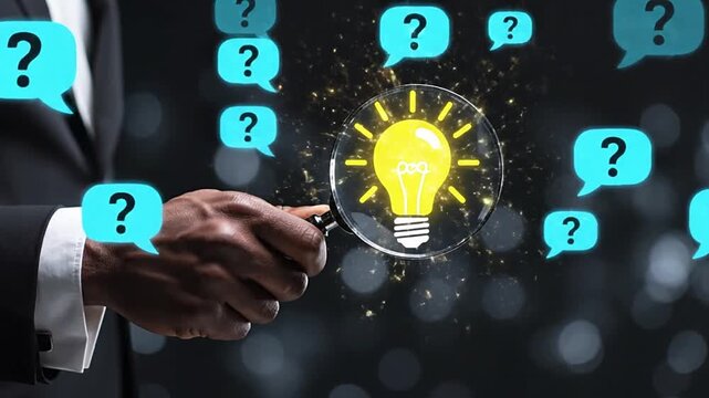 Businessman using a magnifying glass to explore ideas and solve complex problems on a digital platform. Concept of strategic thinking, innovation, analytics, and creative solutions for business...