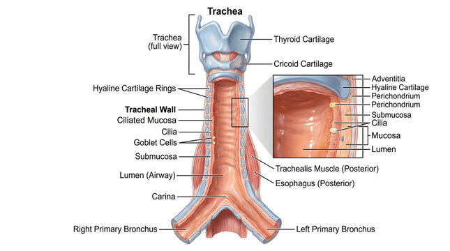 Anterior view of human trachea branching into primary bronchi, highlighting hyaline cartilage rings, trachealis muscle, mucosal lining with cilia and goblet cells, plus detailed inset of the tracheal 