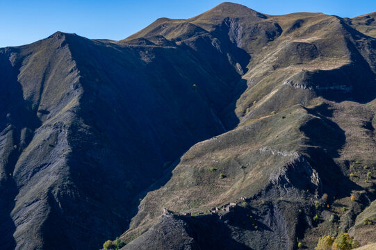 Exploring an abandoned mountain village in the Caucasus region of Russia in a remote area of Chechnya