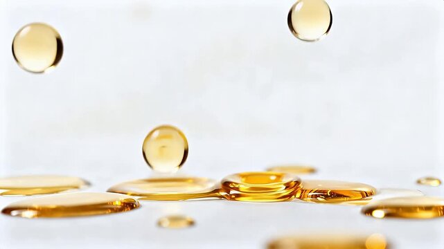 Golden liquid droplets on white surface