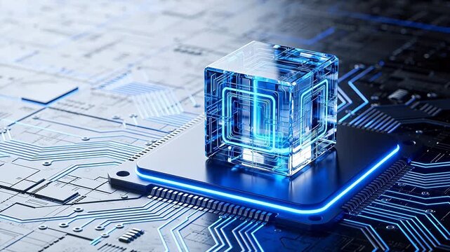 Blue glowing cube on circuit board