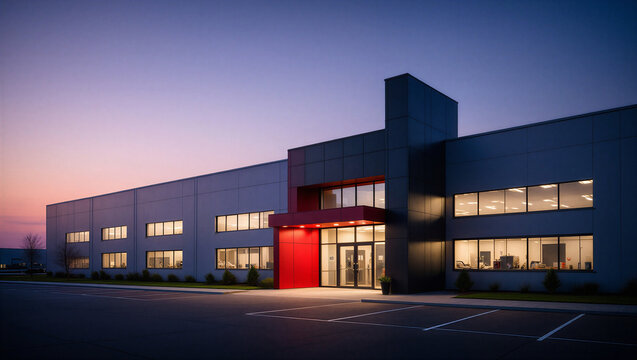 Modern industrial office building with red entrance at twilight sunset real estate warehouse