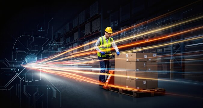 Worker moving boxes with a manual pallet jack in a warehouse. Dynamic motion light trails with motion blur effect on dark background. Futuristic, technology pattern for banner or poster design.
