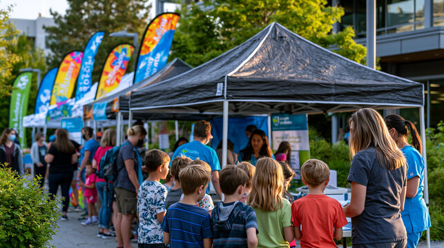 Crowd scene at summer outdoor pediatric wellness fair, children getting allergy skin tests in open medical tents, colorful banners, nurses in scrubs, afternoon sun casting long shadows, perfect for 