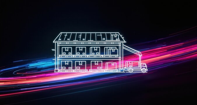Warehouse with boxes of inventory or fulfillment distribution center line art vector icon for apps and websites. Dynamic motion light trails with motion blur effect on dark background. Futuristic, tec