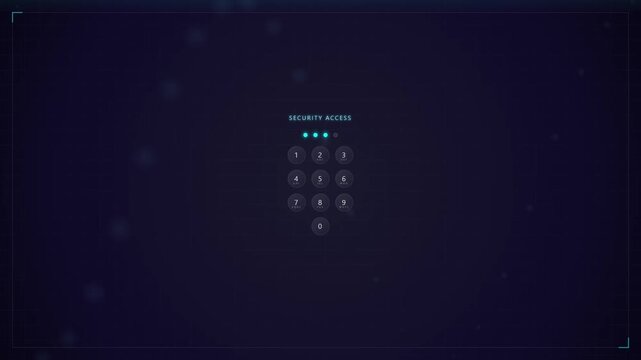 Futuristic digital keypad interface on a dark background showing a sequence of a secret passcode being entered with glowing blue indicators for security access.