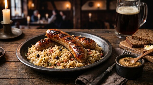 Traditional German meal featuring grilled sausages on sauerkraut, served with dark beer, mustard, and rye bread in a cozy, rustic tavern setting.