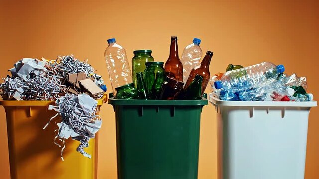 Three recycling bins with different waste materials.