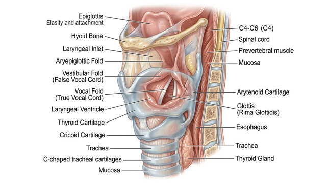 Sagittal section of the larynx and upper trachea labeling epiglottis, hyoid bone, vestibular and vocal folds, laryngeal ventricle, thyroid and cricoid cartilages, arytenoid region, esophagus and thyro