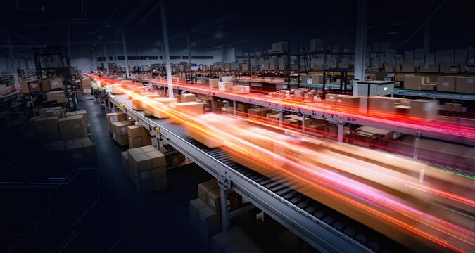 Bustling warehouse fulfillment center with seamless conveyor belt transporting packages. Dynamic motion light trails with motion blur effect on dark background. Futuristic, technology pattern for bann