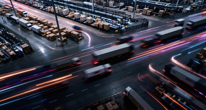 Aerial hyperlapse, time lapse video of a package sorting and distribution center. Logistics by road. Trucks moving dynamics. Dynamic motion light trails with motion blur effect on dark background. Fut