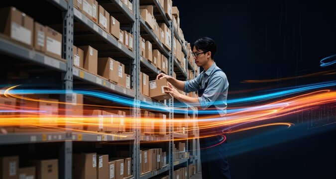 E-commerce employee collecting items from storage racks. Dynamic motion light trails with motion blur effect on dark background. Futuristic, technology pattern for banner or poster design.
