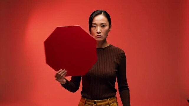 Woman holding red octagonal sign.