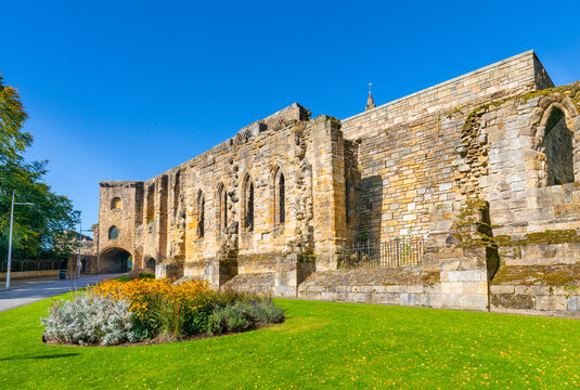 Dunfermline Palace and Abbey remains show Refectory and Gatehouse in Scotland on a clear day