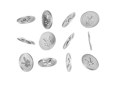 Shiny silver YenYuan coins falling, symbolizing wealth, finance, and investment.