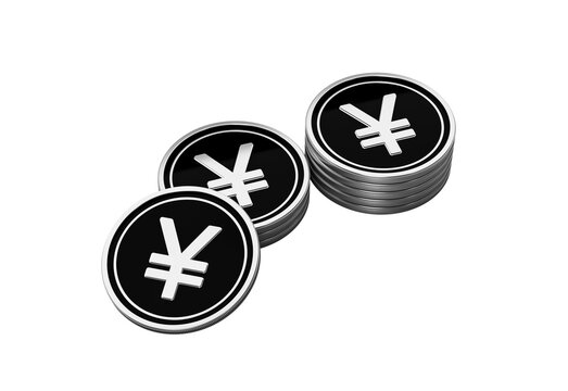 Silver Yen coins stacked on a black background, symbolizing finance and economy.