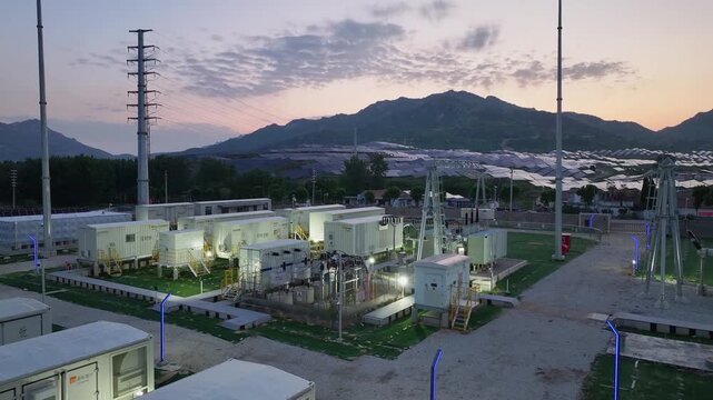 Photovoltaic energy storage power station in mountainous area during sunset with operational equipment and lighting