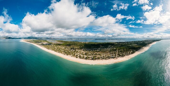 Panoramic aerial view of Comporta and Troia beaches showcasing the coastline near Setubal, Portugal