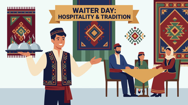 Traditional waiter serving food to family in cultural restaurant