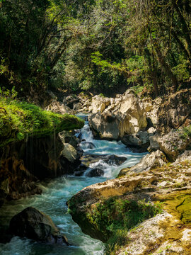 Water waterfall view at Cahabon River in Semuc Champey Natural Monument, Lanquin, Guatemala