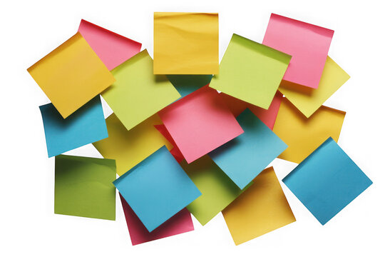 Many colorful sticky note pads scattered in a pile for office work and business reminders isolated on transparent background