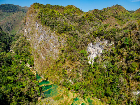 Explore the natural beauty of Semuc Champey from an elevated view in Lanquin, Alta Verapaz Department, Guatemala
