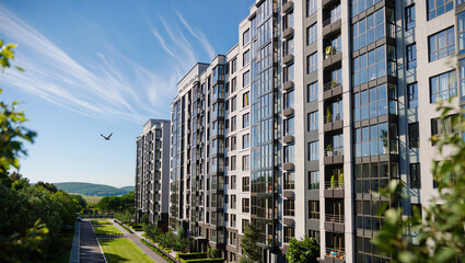 Modern residential apartment building complex with glass balconies under blue sky, real estate © Sadiya Digital